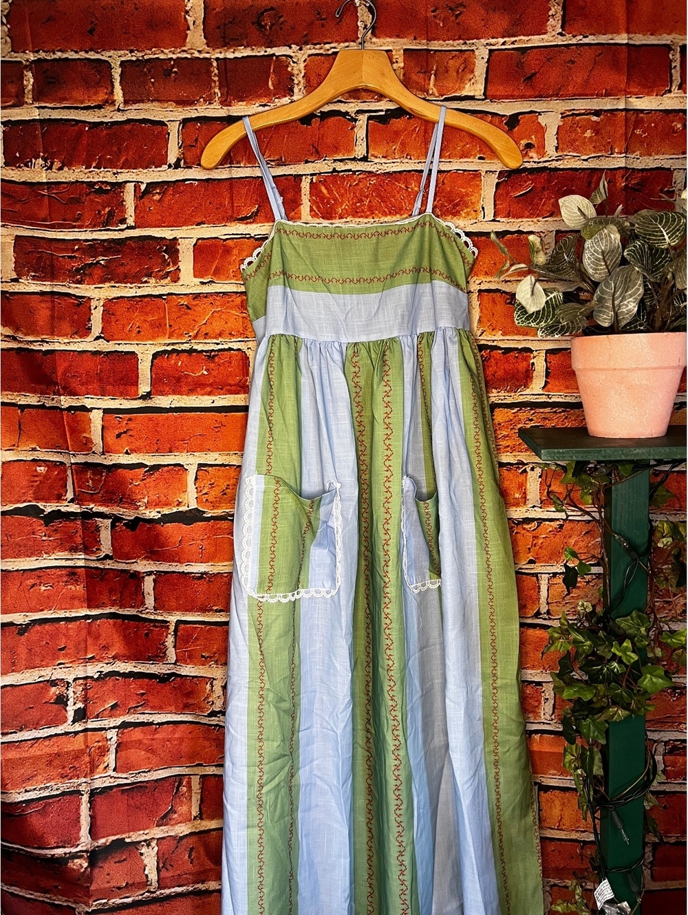 Green Blue and Red Stitched Striped Spaghetti Strap Pocket Maxi Dress